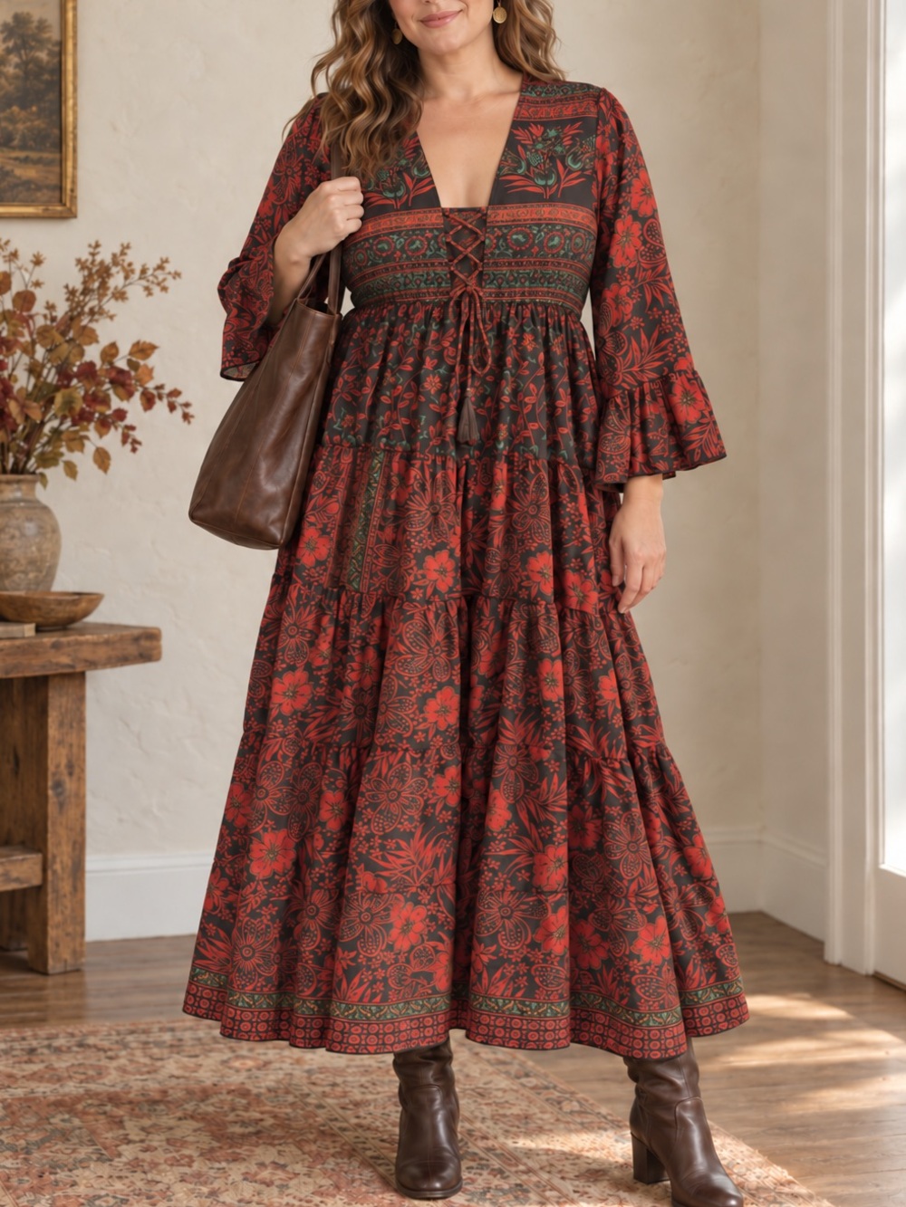 Anthropologie Boemo Lace Up Tiered Maxi Dress XL Boho Floral Paisley Transition